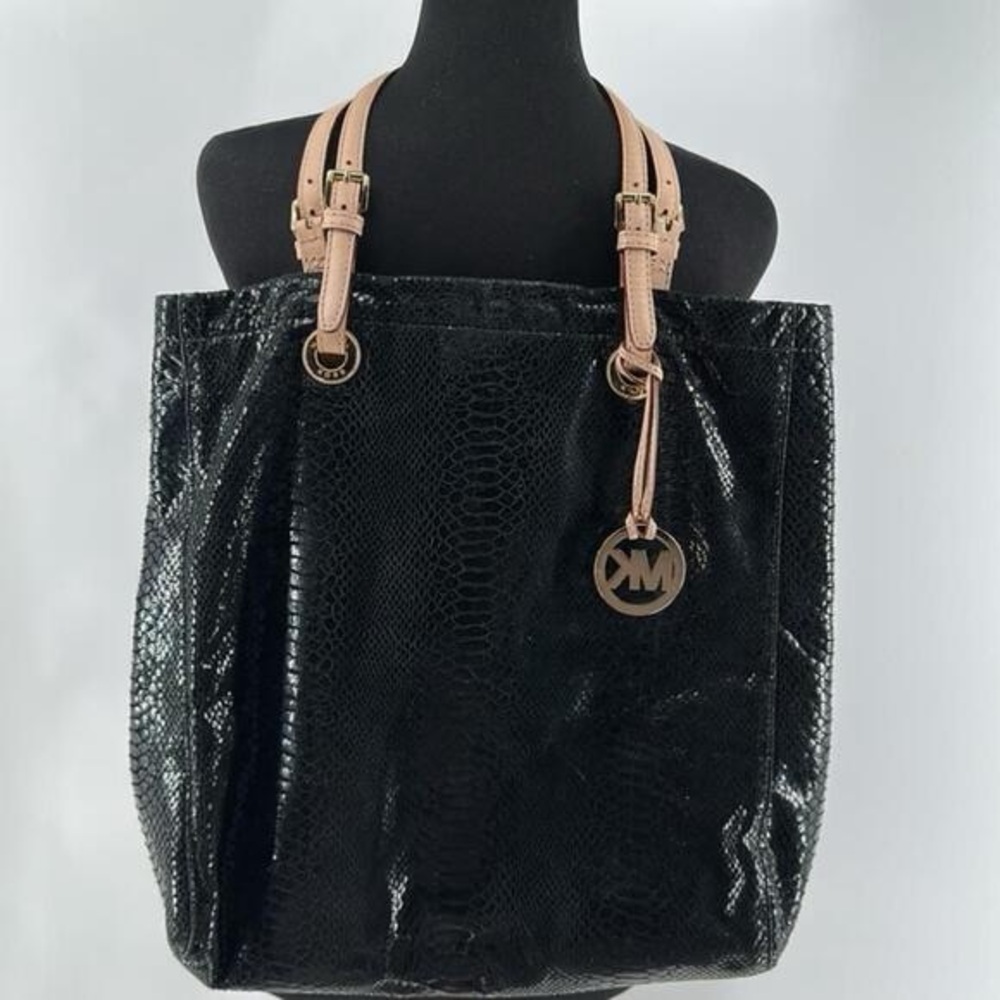Michael Kors Black Python Effect Patent Leather North South Tote purse